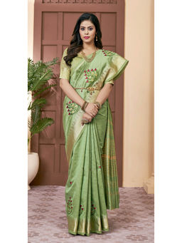 Gahan - Green Women's Assam Cotton Silk Saree With Multicolor Embroidery with Unstitched Blouse