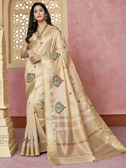 Gahan - Cream Women's Assam Cotton Silk Saree With Multicolor Embroidery with Unstitched Blouse
