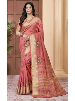 Gahan - Peach Women's Assam Cotton Silk Saree With Multicolor Embroidery with Unstitched Blouse
