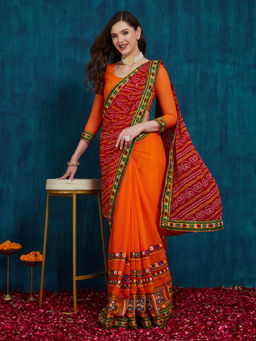 Gahan - Orange Women's Designer Georgette Floral Kutchi Embroidery Work with Unstitched Blouse