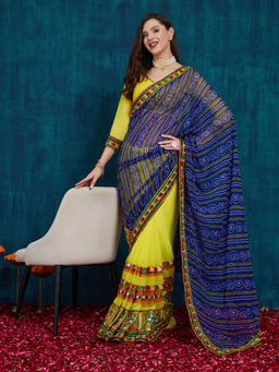 Gahan - Yellow Women's Designer Georgette Floral Kutchi Embroidery Work with Unstitched Blouse