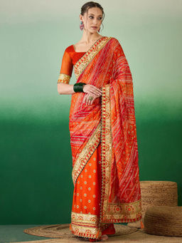 Gahan - Orange Women's Mose Chiffon Bandhej Half-and-Half Saree with Unstitched Blouse