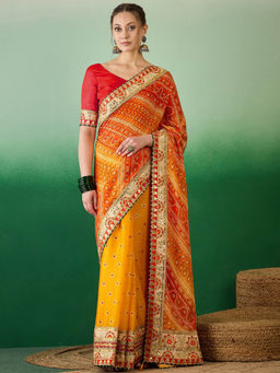 Gahan - Yellow Women's Mose Chiffon Bandhej Half-and-Half Saree with Unstitched Blouse