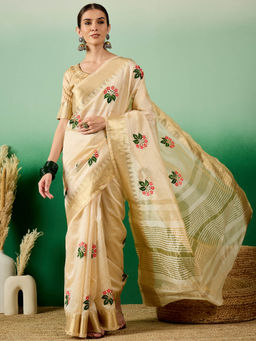 Gahan - Off White Women's Assam Cotton Silk Saree With Embroidery with Unstitched Blouse