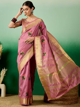 Gahan - Pink Women's Assam Cotton Silk Saree With Multicolor Embroidery with Unstitched Blouse