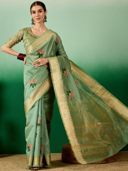 Gahan - Green Women's Assam Cotton Silk Saree With Multicolor Embroidery with Unstitched Blouse