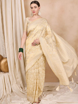 Gahan - Cream Women's Kanjivaram Silk Saree With Golden Zari Woven Border with Unstitched Blouse