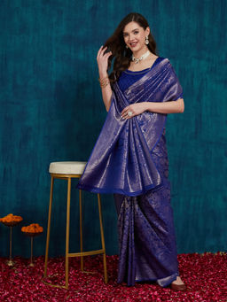 Gahan - Royal Blue Women's Kanjivaram Silk Saree with Unstitched Blouse