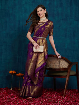 Gahan - Purple Women's Banarasi Silk Woven With Golden Woven Border Saree with Unstitched Blouse