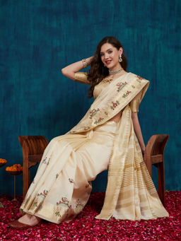 Gahan - White Women's Assam cotton Silk embroidered Saree with Unstitched Blouse