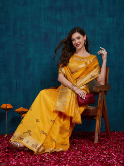 Gahan - Yellow Women's Assam cotton Silk thread embroidered Saree with Unstitched Blouse