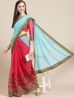 Gahan - Pink Women's Designer Georgette Floral Kutchi Embroidery Work with Unstitched Blouse