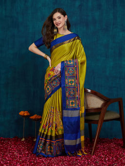 Gahan - Yellow Women's Cotton Silk Saree Peacock Kutchi Embroidery with Unstitched Blouse