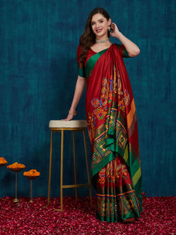 Gahan - Red Women's Cotton Silk Saree Peacock Kutchi Embroidery with Unstitched Blouse