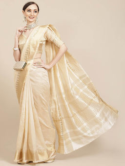 Gahan - Cream Women's Assam Silk Solid Saree With Temple Border with Unstitched Blouse