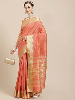 Gahan - Peach Women's Assam Silk Solid Saree With Temple Border with Unstitched Blouse