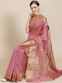 Gahan - Pink Women's Assam Silk Solid Saree With Temple Border with Unstitched Blouse