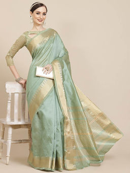 Gahan - Light Green Women's Assam Silk Solid Saree With Temple Border with Unstitched Blouse