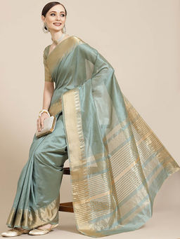 Gahan - Aqua Green Women's Assam Silk Solid Saree With Temple Border with Unstitched Blouse