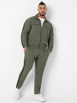 Instafab Plus - Men Olive Green Zip-Front Tracksuit with Flap Pocket (Set of 2)