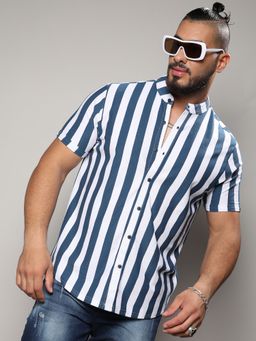 Instafab Plus - Men Chalk White & Prussian Blue Bengal Striped Shirt