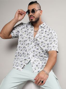 Instafab Plus - Men Beige & Grey Abstract Geometric Shirt