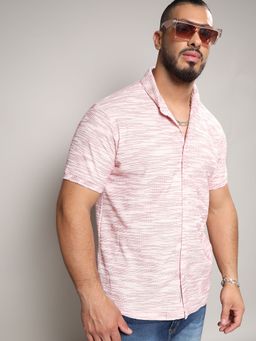 Instafab Plus - Men Blush Pink Textured Horizontal Striped Shirt