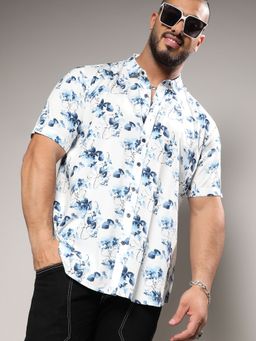 Instafab Plus - Men Blue & White Botanical Strokes Shirt