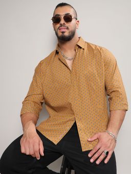 Instafab Plus - Men Tan Brown Micro Flower Shirt