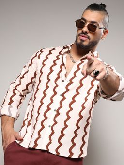 Instafab Plus - Men Beige & Brown Contrast Paint Lines Shirt