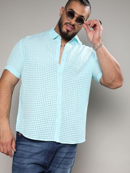 Instafab Plus - Men Light Blue See-Through Square Shirt