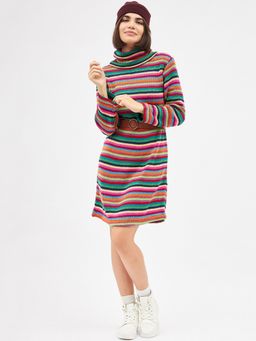 Kibo - Womens Multi-Colored Woollen High Neck Dress