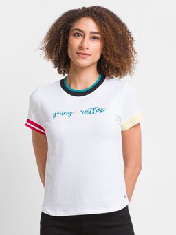 Spykar - White Cotton Blend Half Sleeve Casual T-shirt For Women