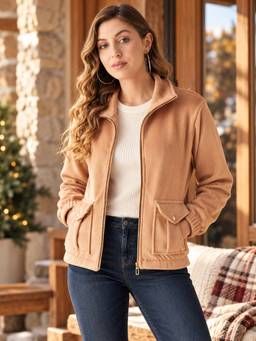 Modeve - Womens Fawn Beige Full Sleeve Denim Winter Jacket