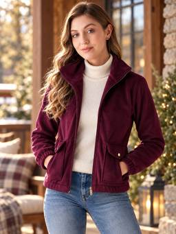 Modeve - Womens Maroon Full Sleeve Denim Winter Jacket