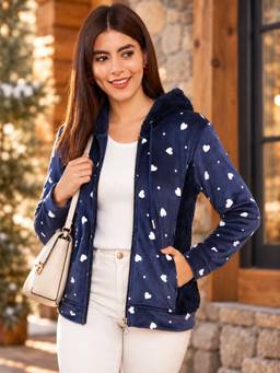 Modeve - Navy Blue Conversational Printed Hooded Lightweight Tailored Jacket