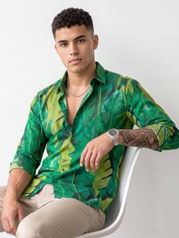 Charagh Din - Green Cotton Regular Collar Full Sleeve Print Casual Shirt