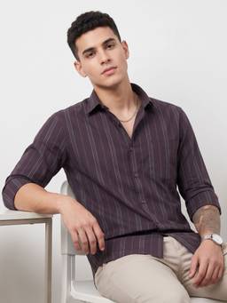 Charagh Din - Maroon Blended Collar Full Sleeve Stripes Casual Shirt