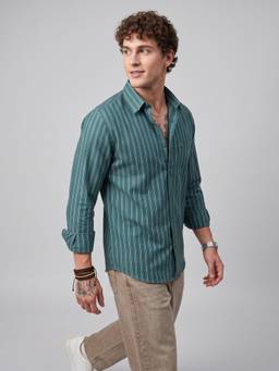 Charagh Din - Green Blended Collar Full Sleeve Stripes Casual Shirt