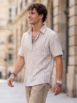 Charagh Din - Beige Cotton Regular Collar Half Sleeve Stripes Casual Shirt