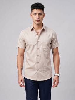 Charagh Din - Beige Cotton Regular Collar Half Sleeve Stripes Casual Shirt
