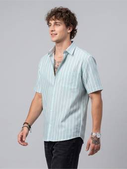 Charagh Din - Green Cotton Regular Collar Half Sleeve Stripes Casual Shirt