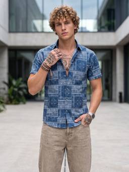 Charagh Din - Blue Blended Regular Collar Half Sleeve Print Casual Shirt