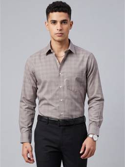 Charagh Din - Brown Cotton Regular Collar Full Sleeve Checks Formal Shirt