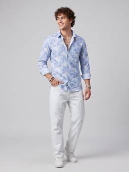 Charagh Din - Blue Blended Collar Full Sleeve Floral Print Party Shirt
