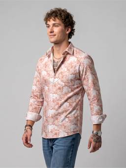Charagh Din - Peach Blended Collar Full Sleeve Floral Print Party Shirt