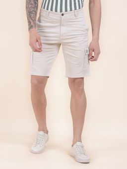 Cantabil - Men Ivory Regular Fit Cotton Stretch Fabric Cargo Bermuda Shorts