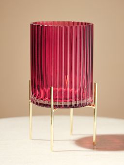 Pure Home + Living - Pink Ribbed Glass Hurricane with Metal Stand - Large