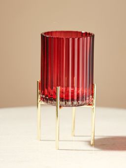 Pure Home + Living - Red Ribbed Glass Hurricane with Metal Stand - Small