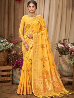 Odette - Yellow Heavy Zari Woven Cotton Saree with Unstitched Blouse